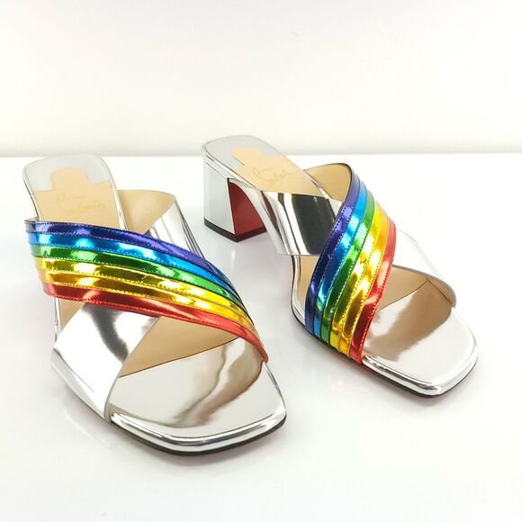 Christian Louboutin Arkenmule 55 Silver Rainbow Slide Sandal SZ 38.5 NIB - Picture 3 of 12